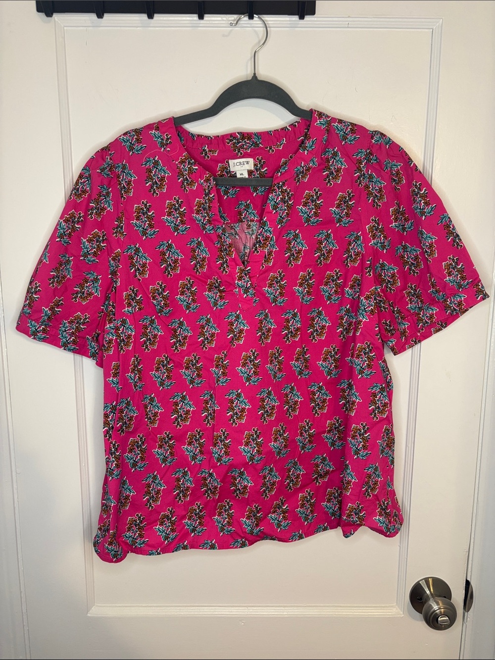 J. Crew Hot Pink Floral Short-Sleeve Split-Neck Top